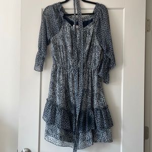 Loft over the shoulder tiered printed dress with tie size large